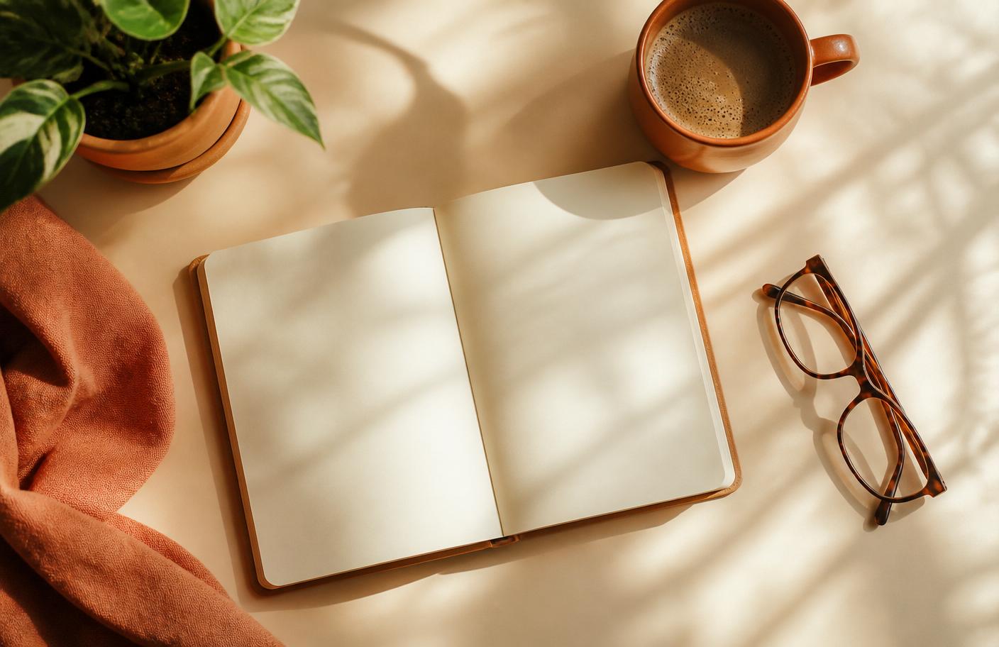 A warm home office desk with a notebook, coffee, and a window looking out toward the Wasatch mountains.