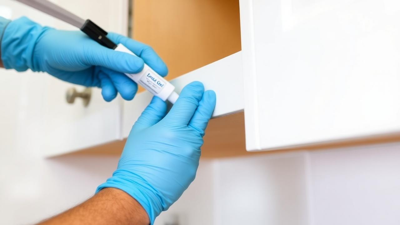 Technician applying gel bait inside a kitchen cabinet for cockroach control