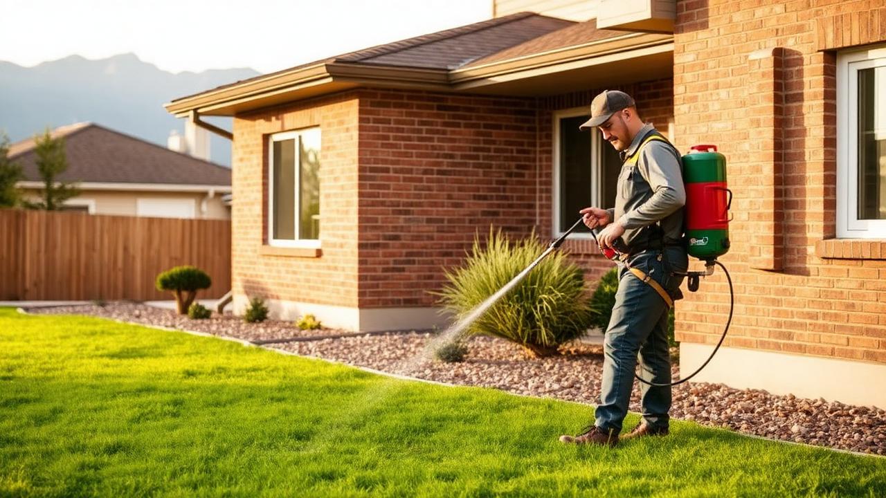 Pest control technician treating the foundation perimeter of a suburban home