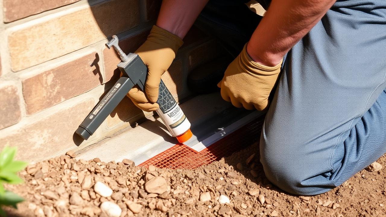 Technician sealing a foundation gap during rodent exclusion work