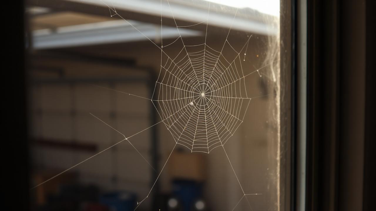 Funnel spider web in a window well beside a home foundation