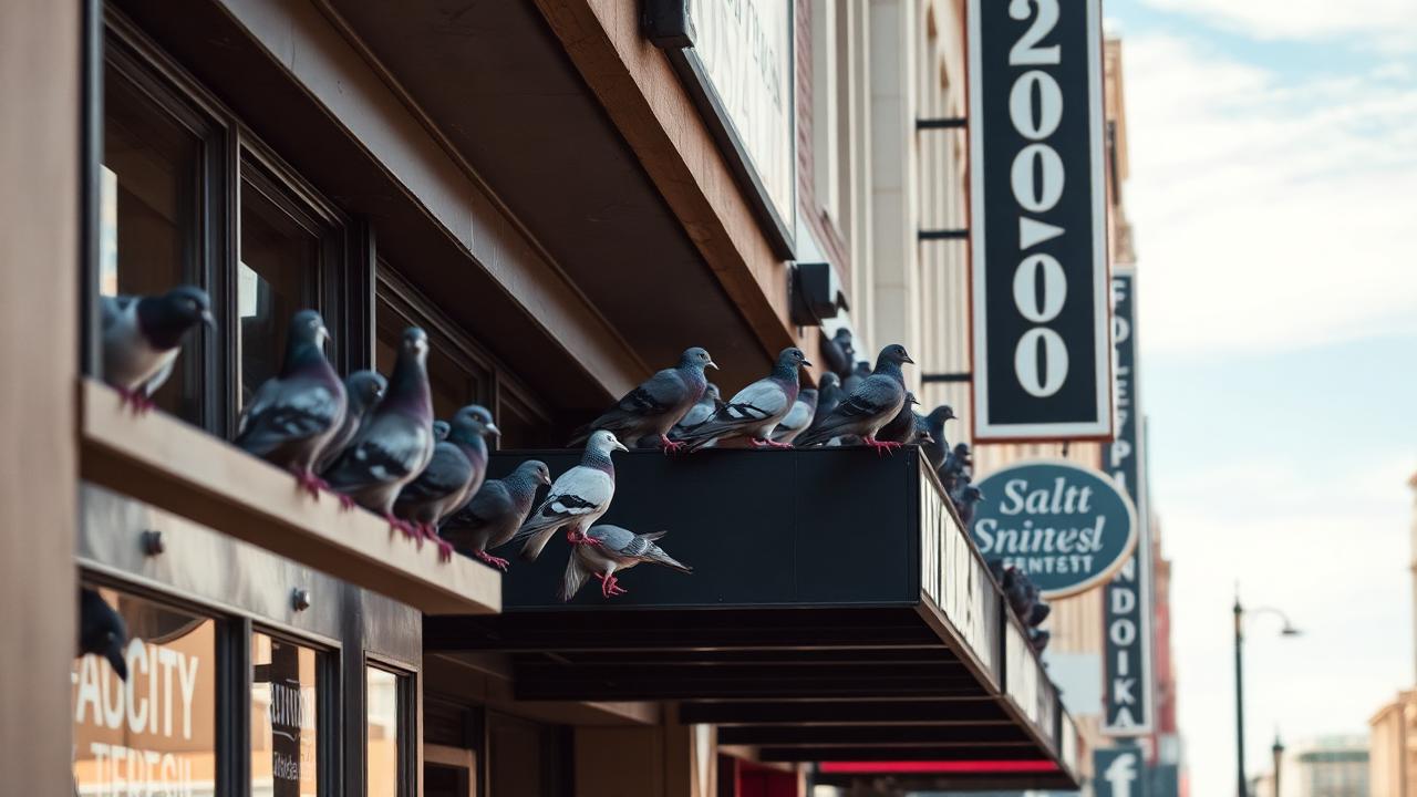 Pigeons perched along the ledge of a commercial building facade on a Salt Lake City street