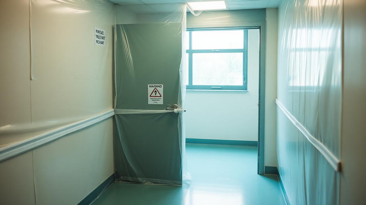 Sealed and plastic-sheeted room with a warning placard on the door prepared for fumigation treatment